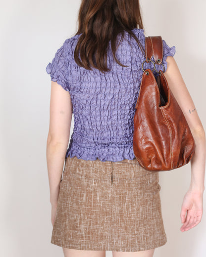 purple silk ruffle top