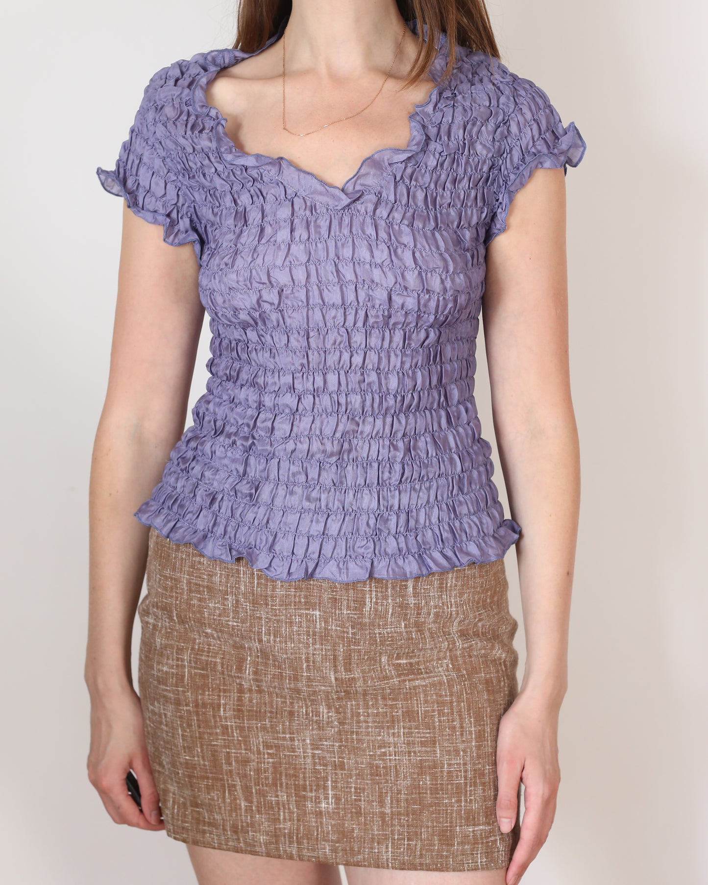 purple silk ruffle top