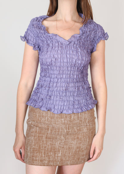 purple silk ruffle top