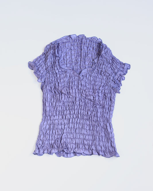 purple silk ruffle top